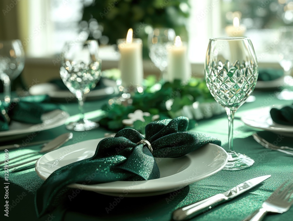 Poster green and white table setting with shamrocks.