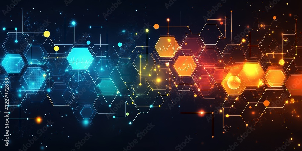 Poster vibrant hexagonal patterns illustrating technology and innovation with colorful elements against a d