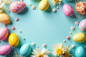 Colorful Easter eggs scattered around a table with pastel-colored decorations and ornaments , colored eggs, ornamental items, easter eggs