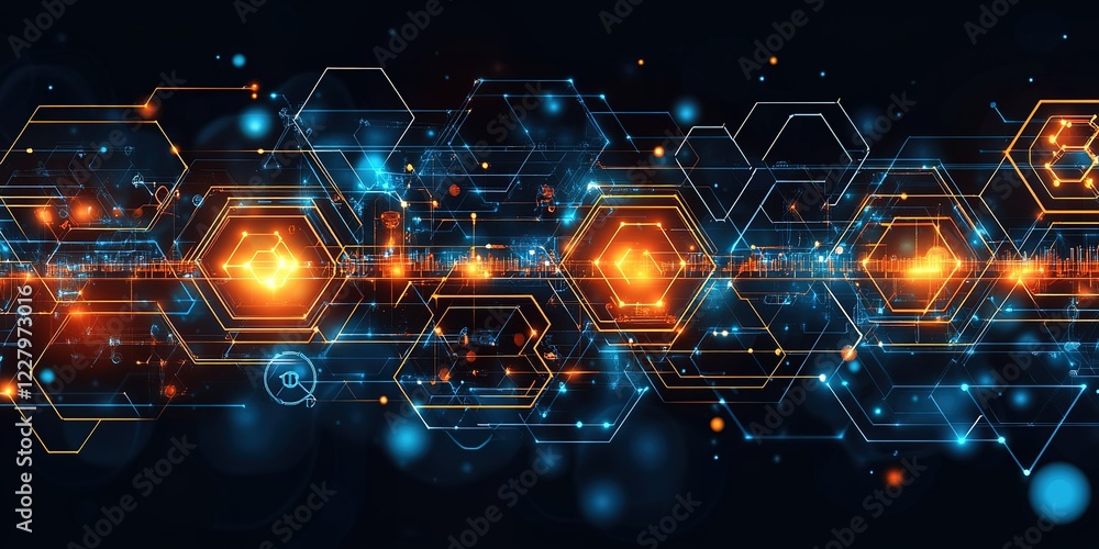 Poster vibrant abstract digital art featuring hexagonal shapes and glowing elements in a futuristic design