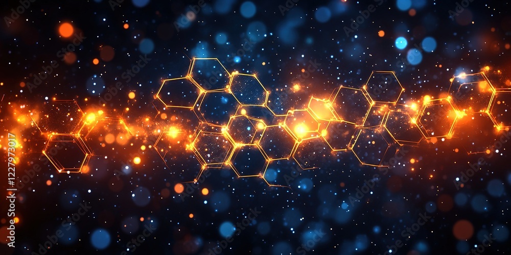 Poster colorful hexagonal patterns with glowing orbs create a mesmerizing cosmic effect