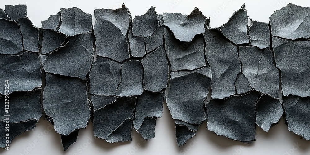 Poster textured gray paper with jagged edges arranged in an artistic display on a white background