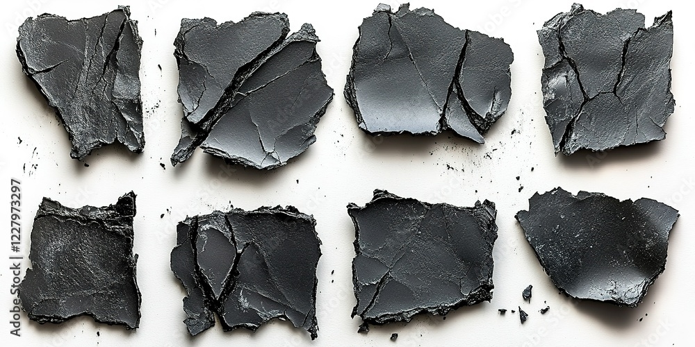 Poster black stone fragments arranged in a grid showcasing different textures and shapes on a light surface