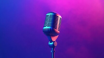 A vibrant purple and blue gradient background with an old-fashioned microphone at the center
