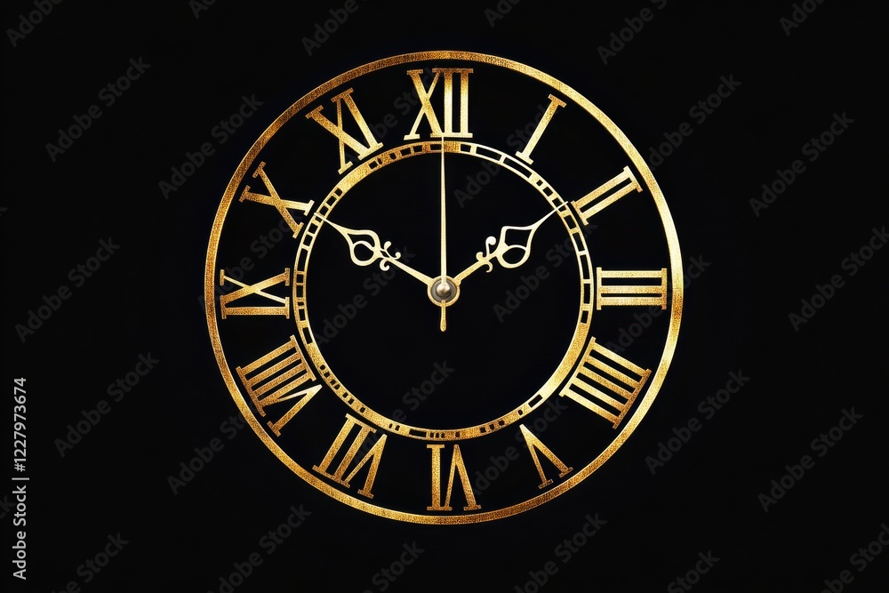 Poster elegant golden clock design with roman numerals on a black background showing the time at five ocloc