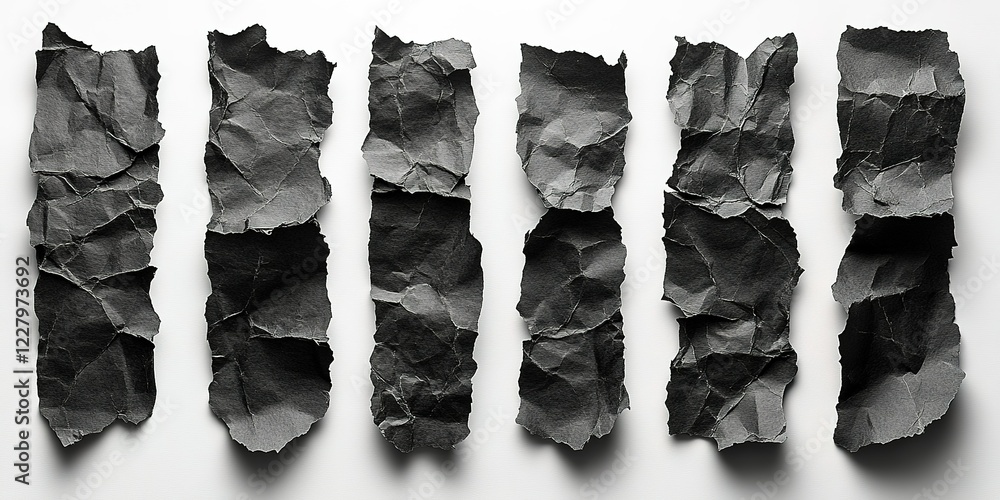 Aufkleber abstract composition of crumpled black paper strips arranged in vertical lines on a plain background