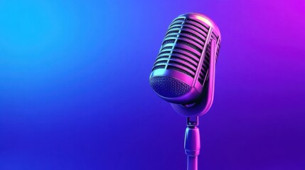 A vibrant purple and blue gradient background with an old-fashioned microphone at the center