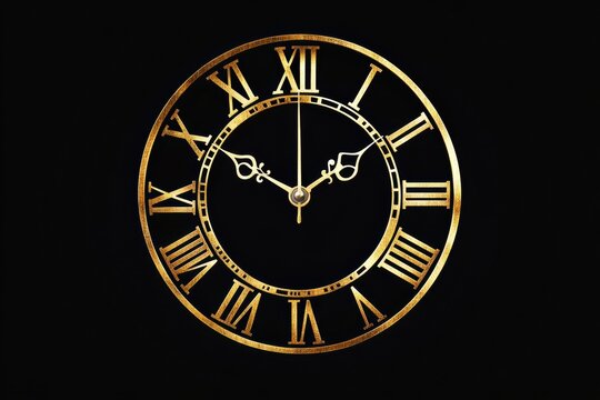 Elegant golden clock design with Roman numerals on a black background showing the time at five oclock. Generative AI
