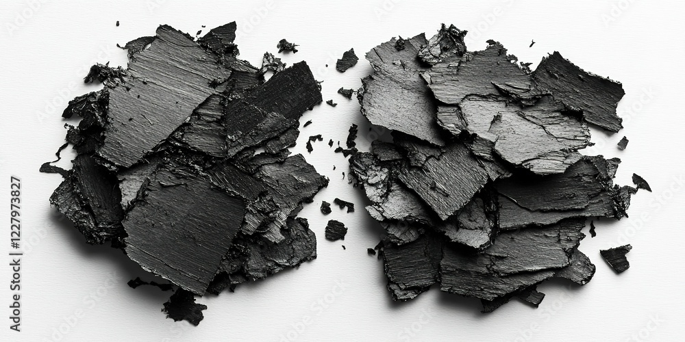 Poster black textured flakes create an artistic arrangement on a contrasting white background, showcasing u