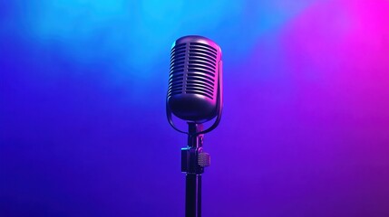 A vibrant purple and blue gradient background with an old-fashioned microphone at the center
