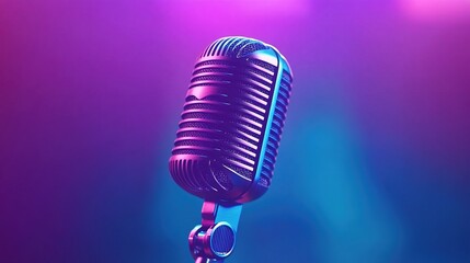 A vibrant purple and blue gradient background with an old-fashioned microphone at the center