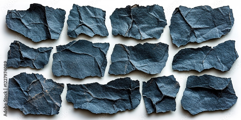 Poster collection of varied textured dark blue paper pieces displayed on a white background arranged in a r