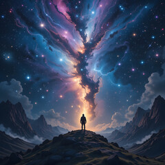 Fototapeta premium man on the top of mountain and milky way