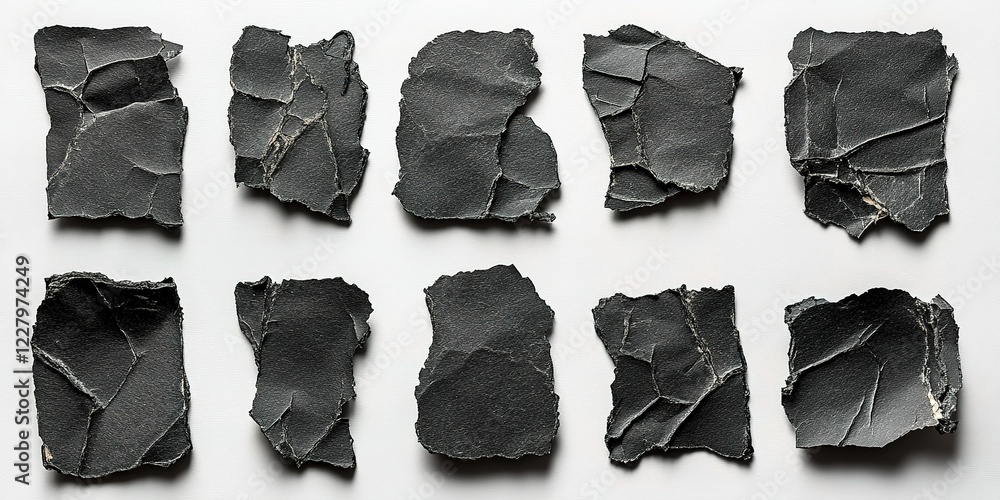 Poster different textures of crumpled black paper arranged in a grid pattern showcasing various shapes and 