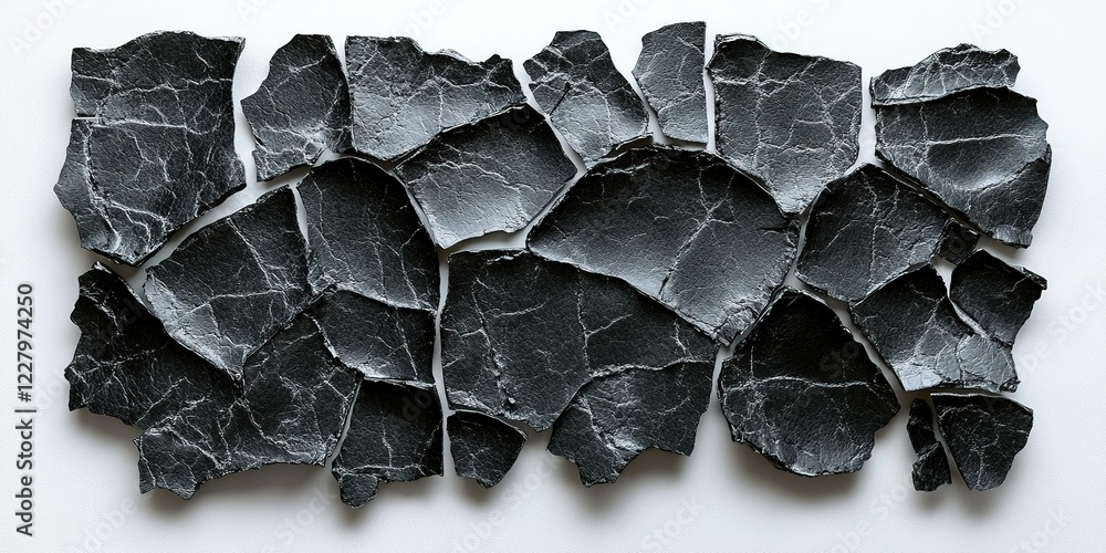 Poster textured black stone pieces arranged on a light surface, showcasing intricate patterns and shapes in
