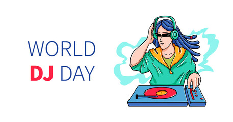 World DJ day greeting banner. Dj character at console. Female and male musicians with turntable mixer. fun and disco party. For social media, websites, and music festivals. Doodle Vector illustration.