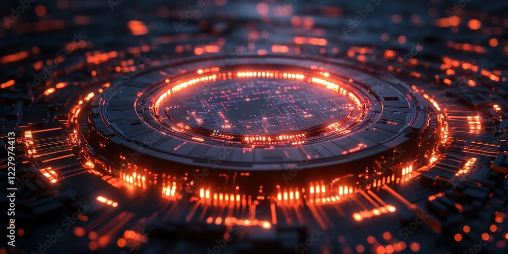 Poster abstract digital design featuring glowing orange lines and circular patterns in a futuristic setting
