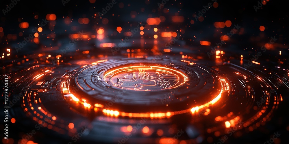 Poster orbital circuit with glowing edges and digital patterns in a futuristic environment
