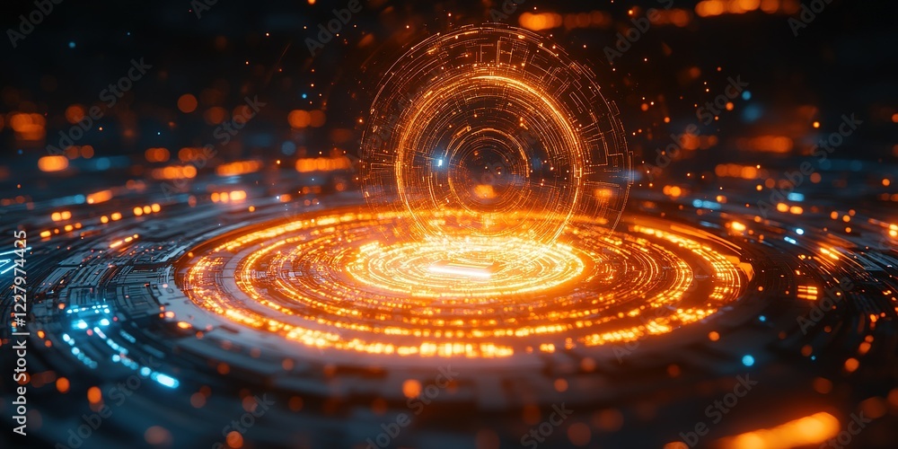 Poster dynamic orange and blue light swirling in a circular pattern amidst glowing technology elements at n