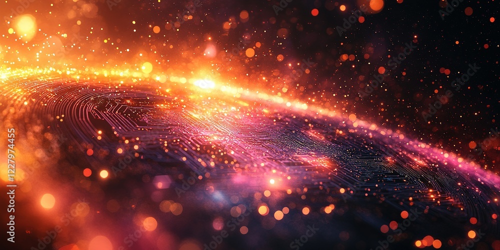 Poster bright cosmic landscape featuring vibrant particles and intricate patterns in a digital universe at 