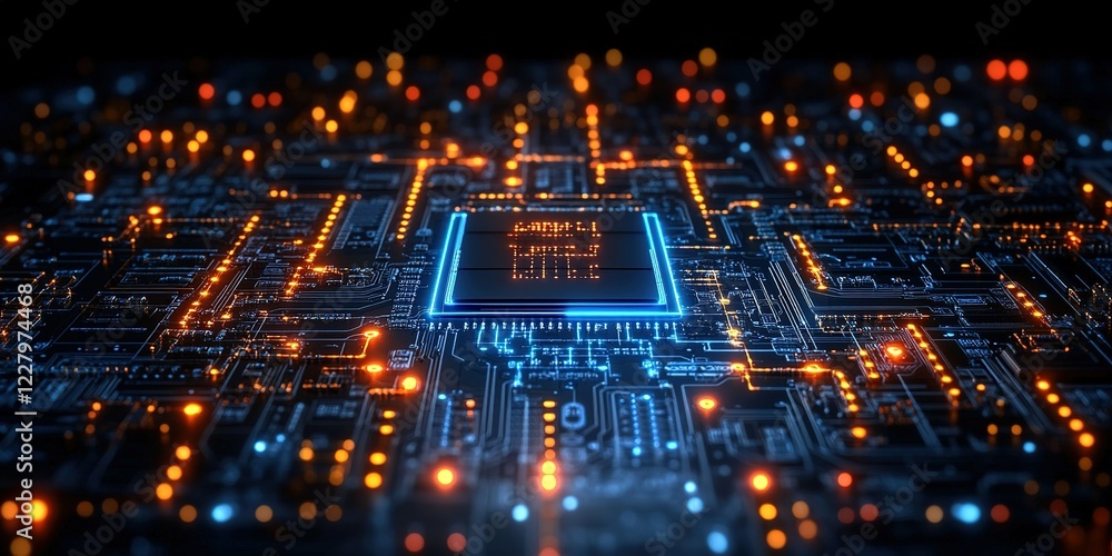 Poster advanced circuitry highlighted by luminous lights in a complex digital landscape