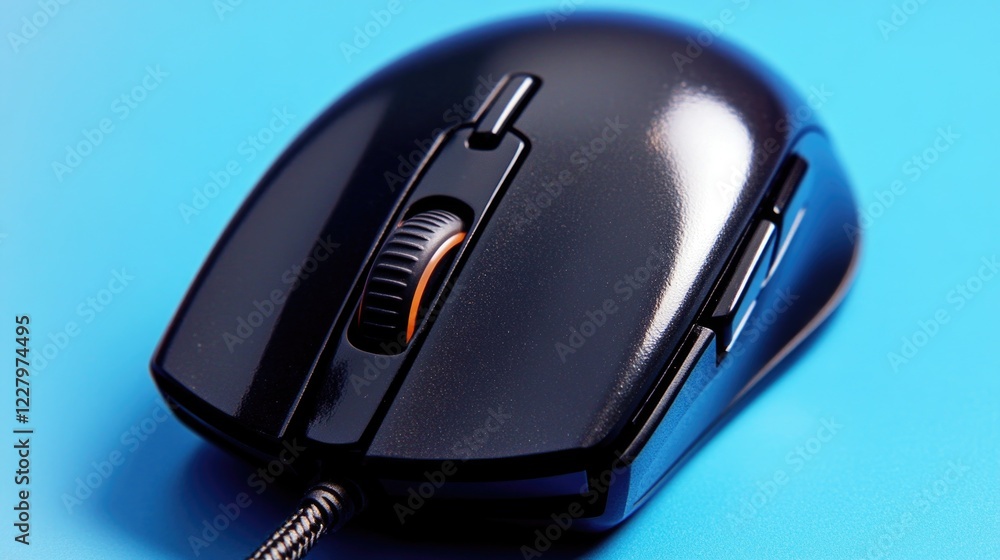 Poster a black computer mouse with a silver button on the top. the mouse is sitting on a blue surface