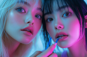Obraz premium photo of two Asian women doing each others eyebrows with blue spool beauty pencils.