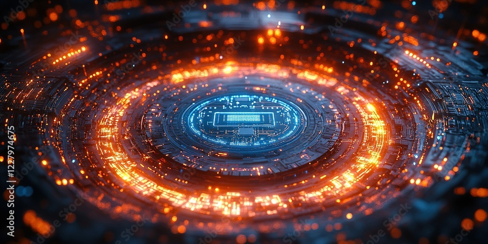 Poster futuristic digital circuit board design with glowing elements and intricate patterns