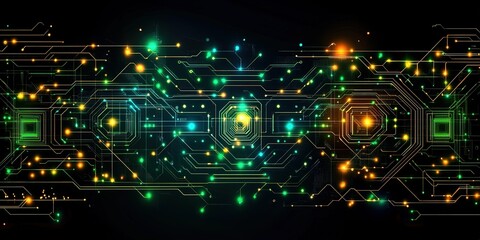 Fototapeta premium Colorful digital circuit board with glowing lights and intricate designs set against a dark background