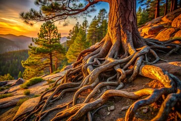 Fototapeta premium Long Exposure Photography: Exposed Pine Tree Roots Gripping Rocky Terrain