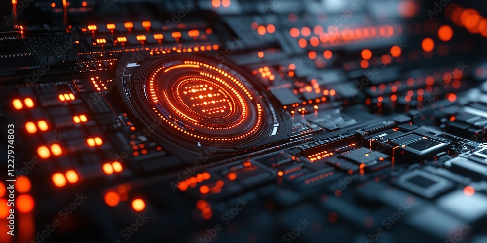 Poster intricate details of a computer circuit board illuminated in glowing red lights at night showcasing 