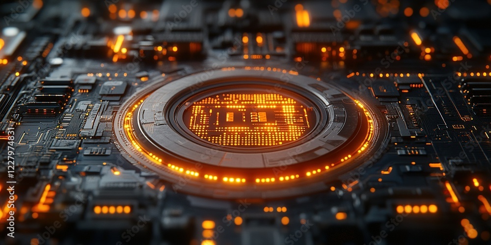 Poster digital circuit board illuminated by orange lights with intricate patterns and bitcoin symbol at the