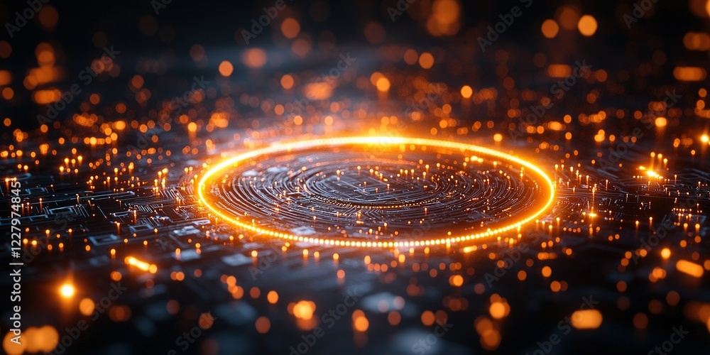 Poster dynamic circular pattern with glowing sparks on a digital circuit board at night