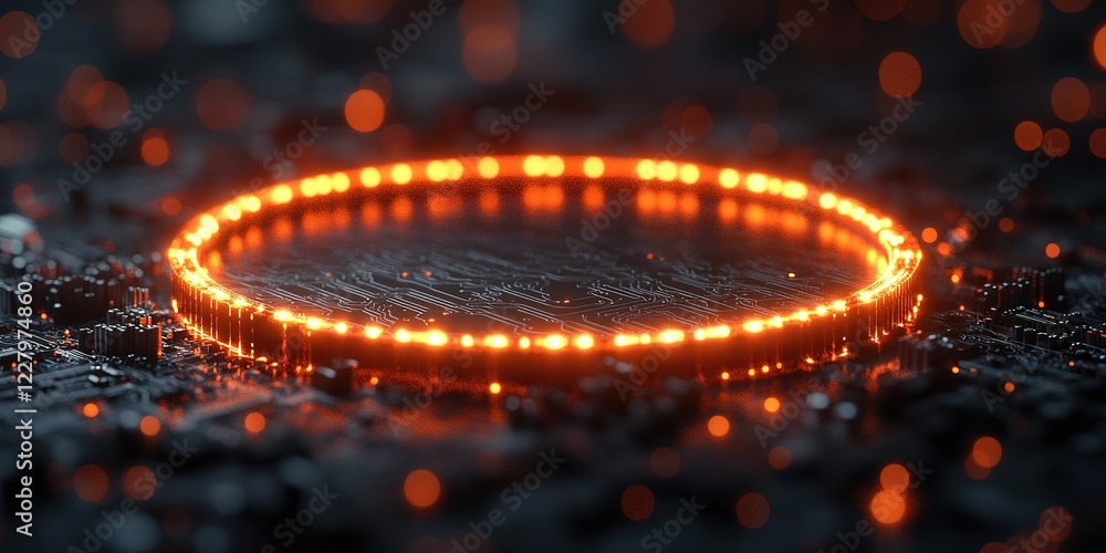 Poster illuminated circular pattern on a microchip background showcasing technology and innovation during n