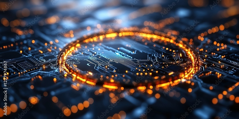 Poster digital circuit design featuring glowing orange elements and intricate patterns in a futuristic tech