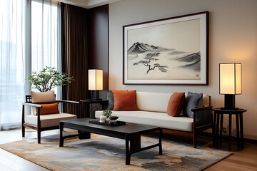 P A modern living room with a traditional Jap