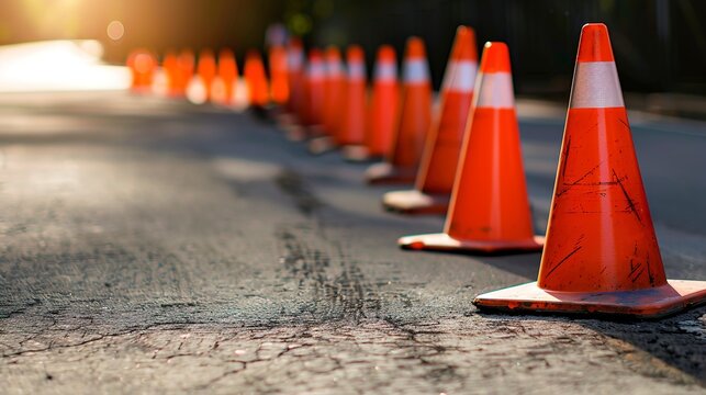 A Bright orange traffic cones neatly lined up along - Powered by Adobe