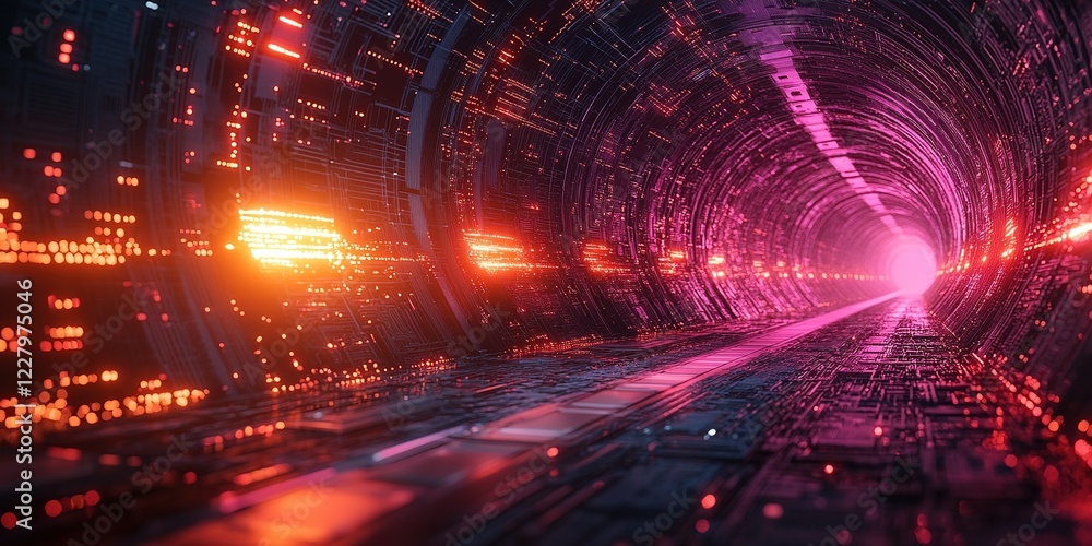 Aufkleber abstract tunnel with glowing lights and digital patterns evokes a futuristic journey
