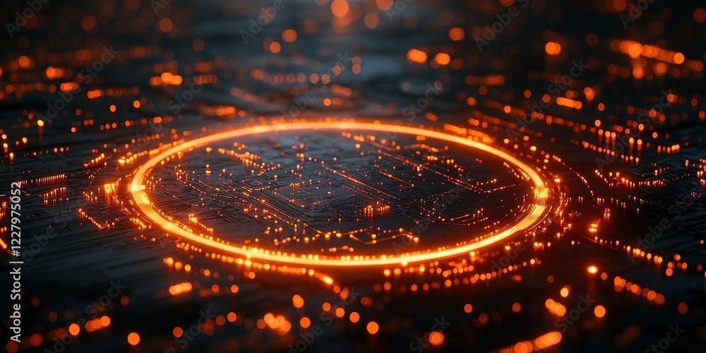 Poster digital circuit with glowing orange elements and intricate patterns at nighttime