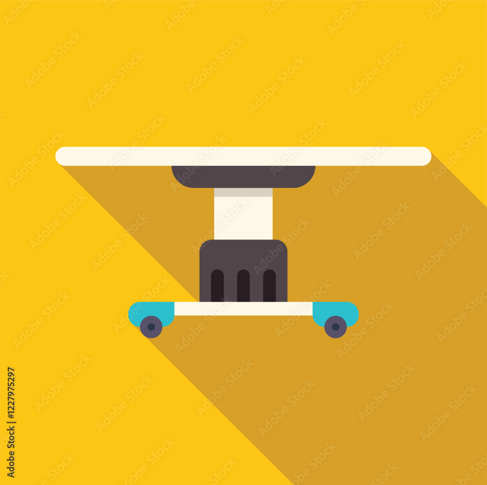 Poster round table with single leg base standing on skateboard with wheels, creating a unique and mobile fu