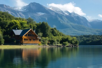 Fototapeta premium Charming wooden cabin by a tranquil lake reflecting the majestic snowy Andes Mountains in Patagonia, a perfect getaway for nature lovers