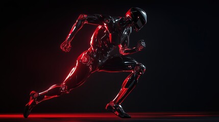 Side view of the full-body running pose of a futuristic cyborg, set against a dark background with a red and black color theme