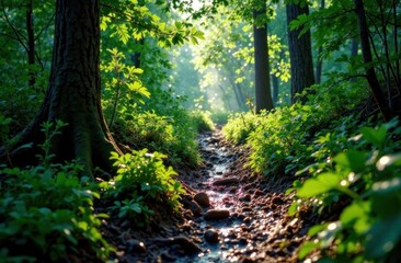 Fototapeta premium A forest trail reveals a winding stream surrounded by bright foliage and sunbeams filtering through the trees