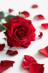 A Close-up of a vibrant red rose with scattered petal