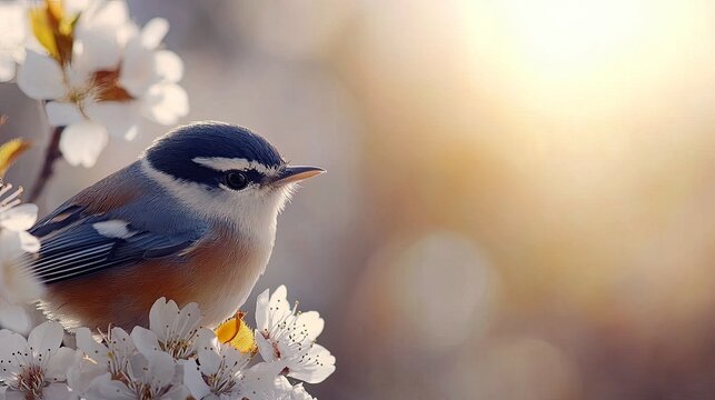 Blue and white blossoms adorn a cherry tree as a bird relaxes among the flowers in a tranquil spring environment