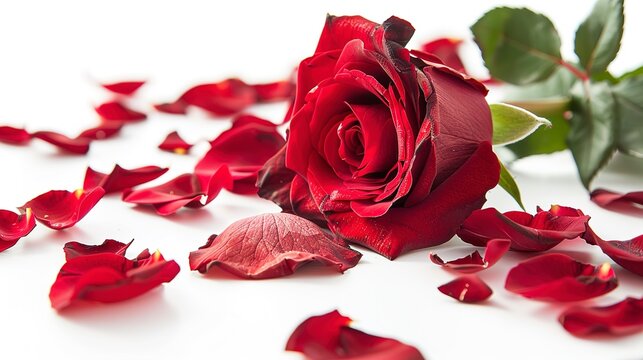 A Close-up of a vibrant red rose with scattered petal