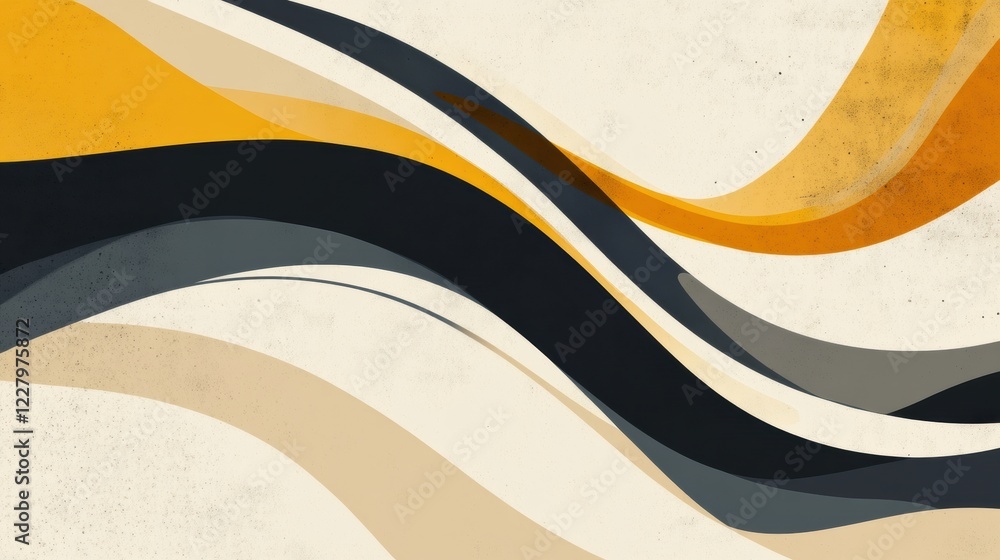Poster colorful abstract waves flow elegantly across a textured background in shades of yellow, black, and 