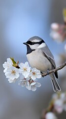 Obraz premium Blue and white blossoms adorn a cherry tree as a bird relaxes among the flowers in a tranquil spring environment