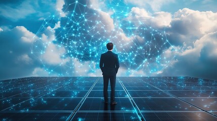 A businessman stands in front of solar panels and looks at the sky, which is cloudy with blue highlights.