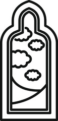 Simple line drawing of a traditional arabian window framing a view of a cloudy sky over a desert landscape